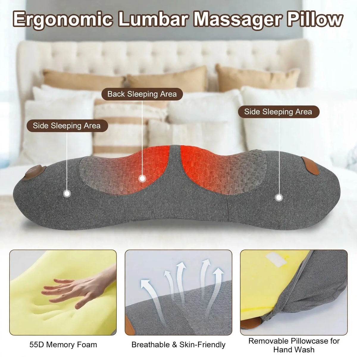 Heated Lumbar Support Pillow – Lower Back Massager with Vibration & Airbag Lift