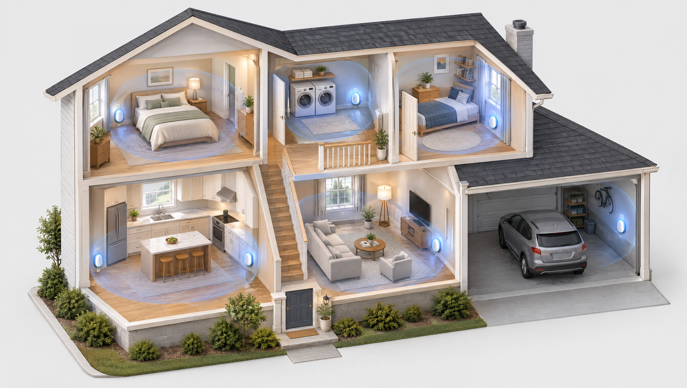 Cutaway illustration of a house with one repeller in each room
