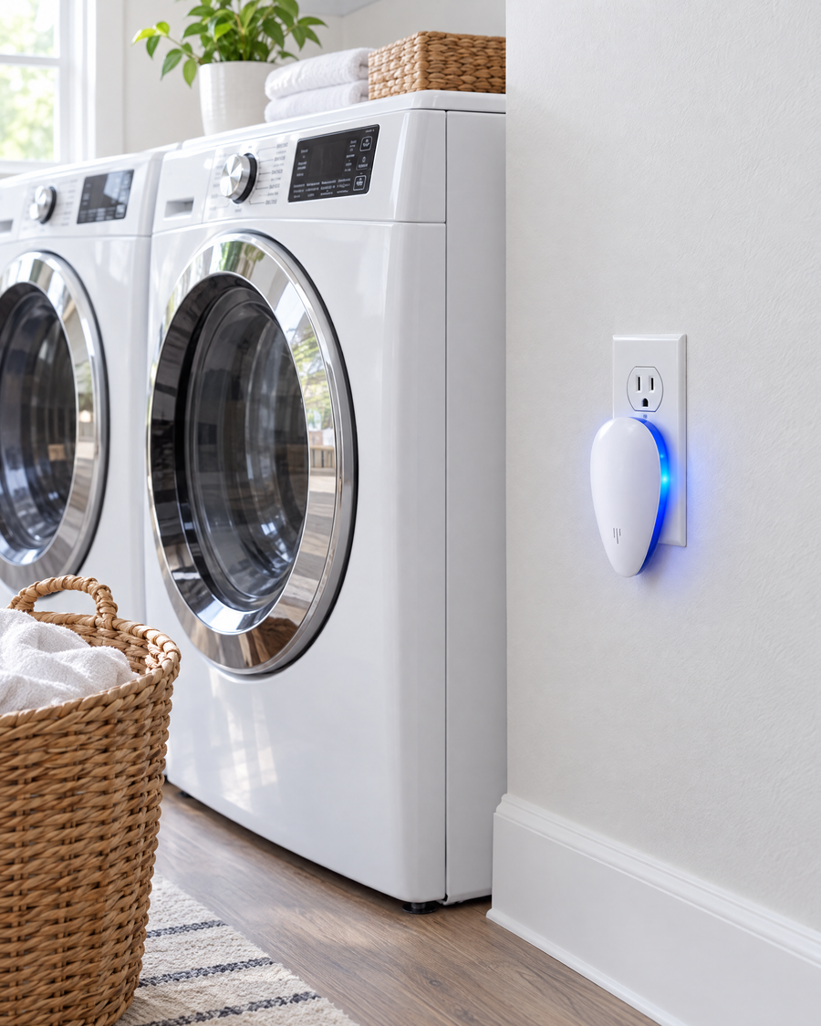 Repeller plugged in beside a dryer in a laundry room