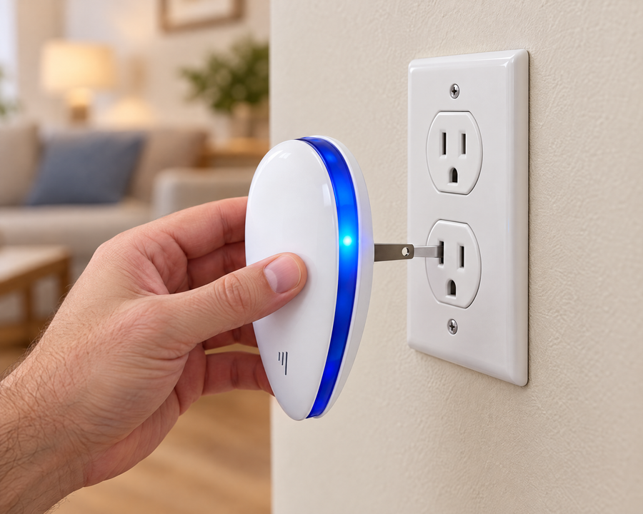 Hand plugging the repeller into a wall outlet
