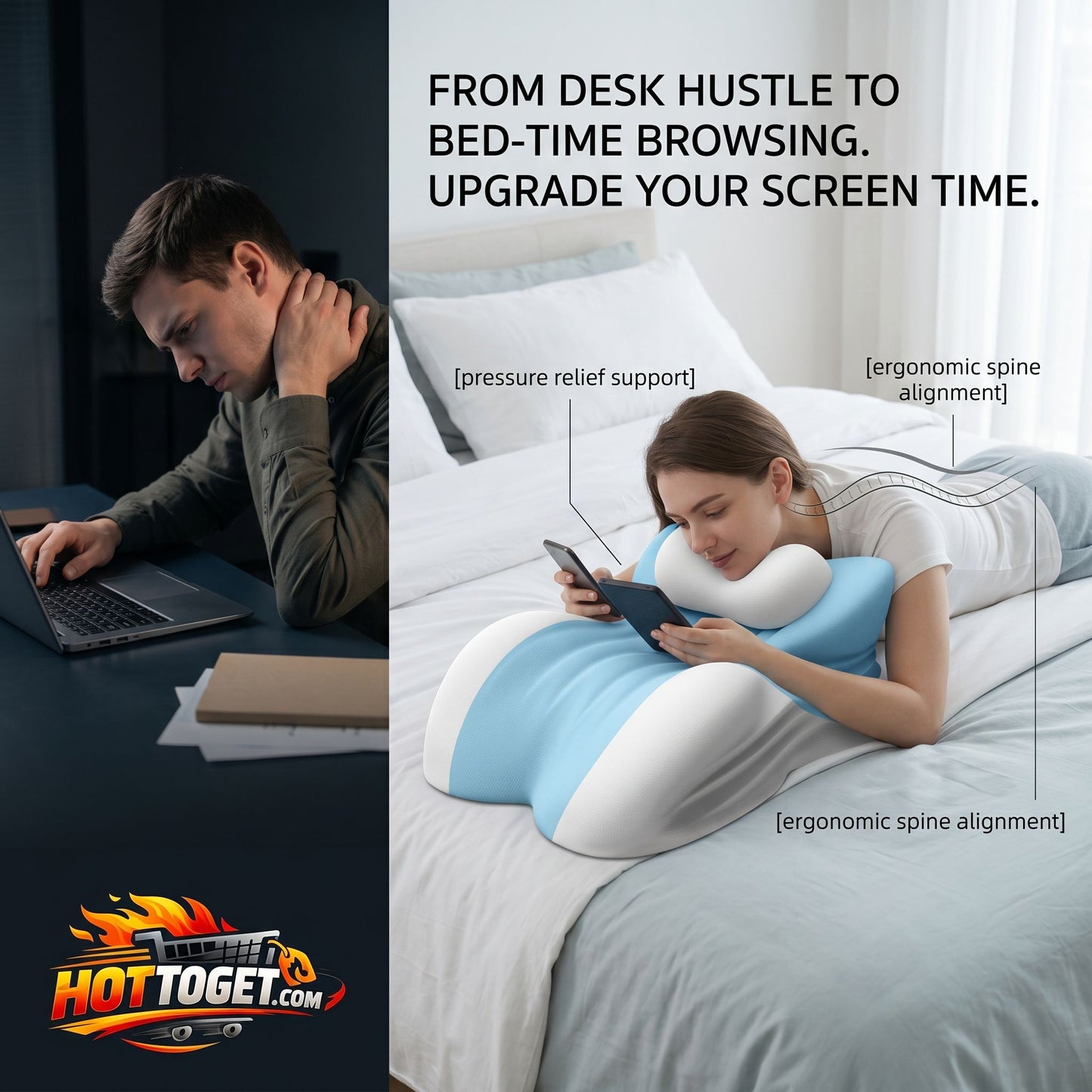 Memory Foam Prone Reading Pillow — Neck & Arm Support for Bed, Removable Anti-Slip Headrest