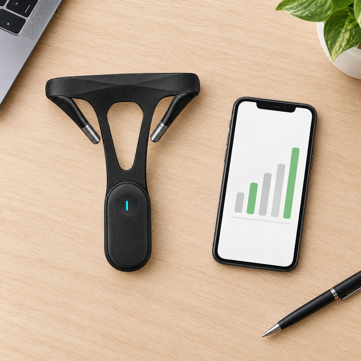 Posture trainer next to a phone with the tracking app