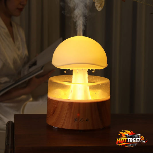 Mushroom-shaped humidifier emitting steam on a wooden surface with a blurred background