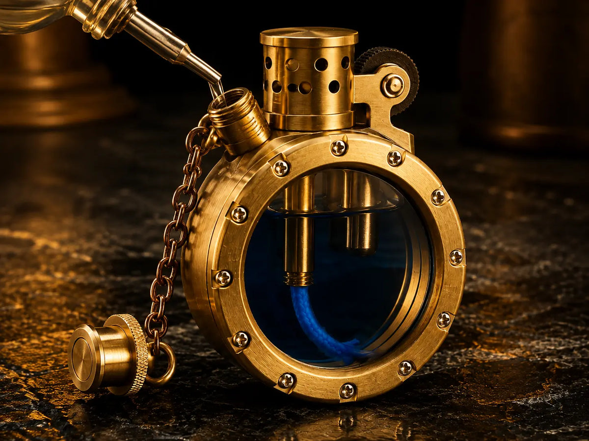 Sealed refill port on the brass trench lighter