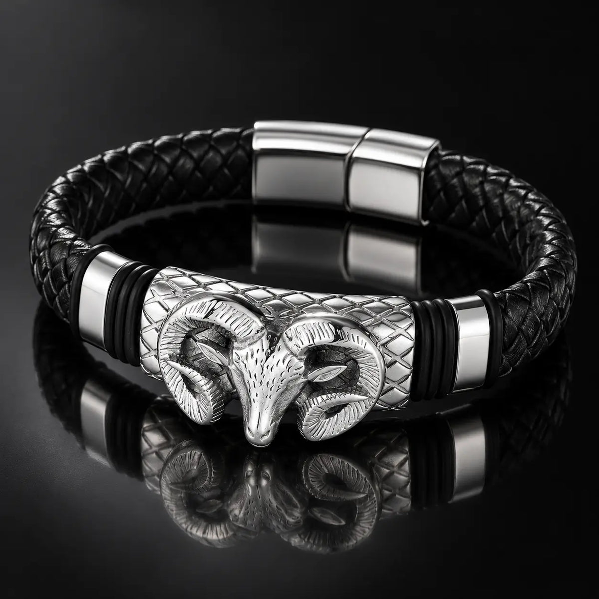 Men's constellation stainless steel leather braided bracelet in silver