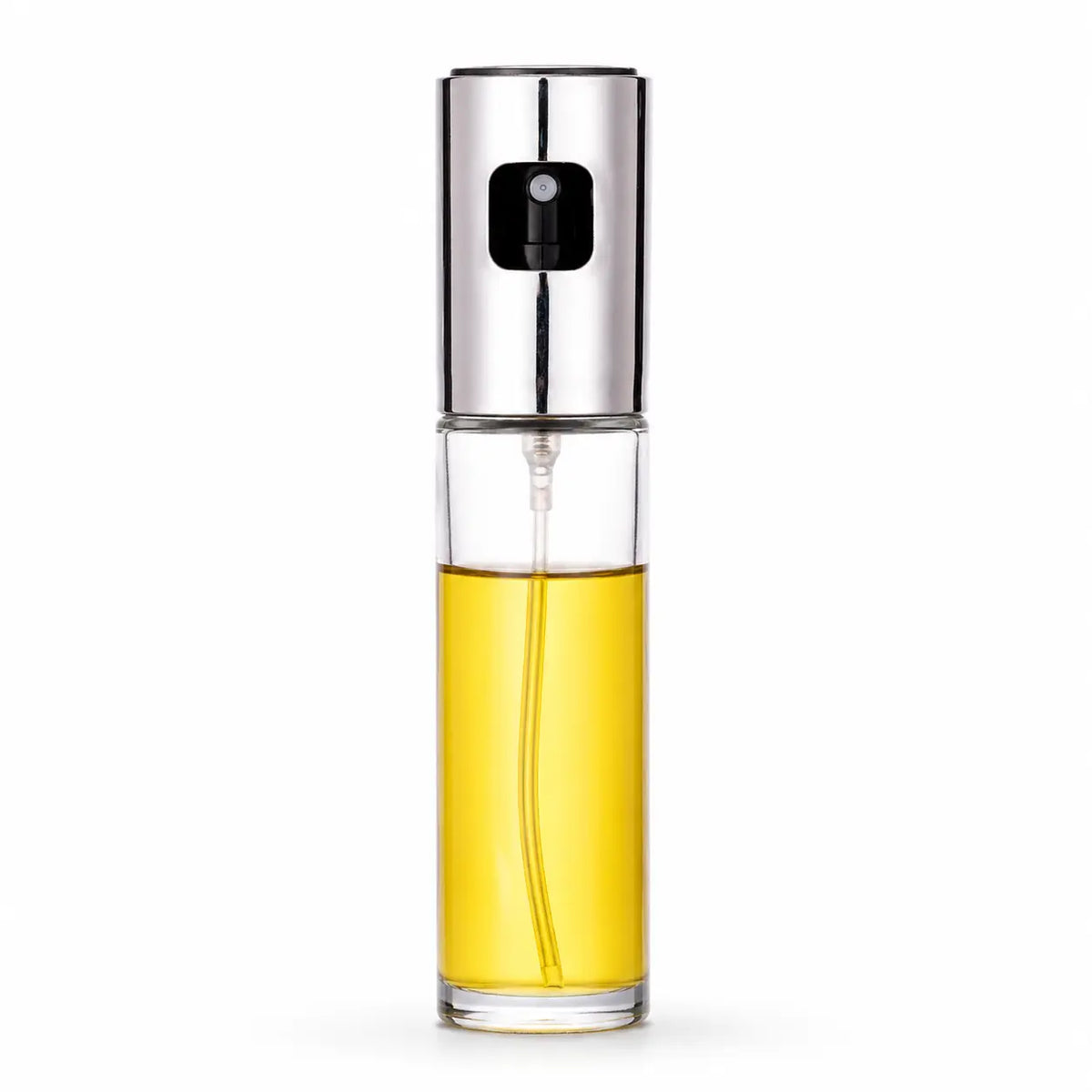 A clear glass perfume atomizer bottle filled with yellow liquid, featuring a shiny silver metallic spray pump cap, set against a plain white background.