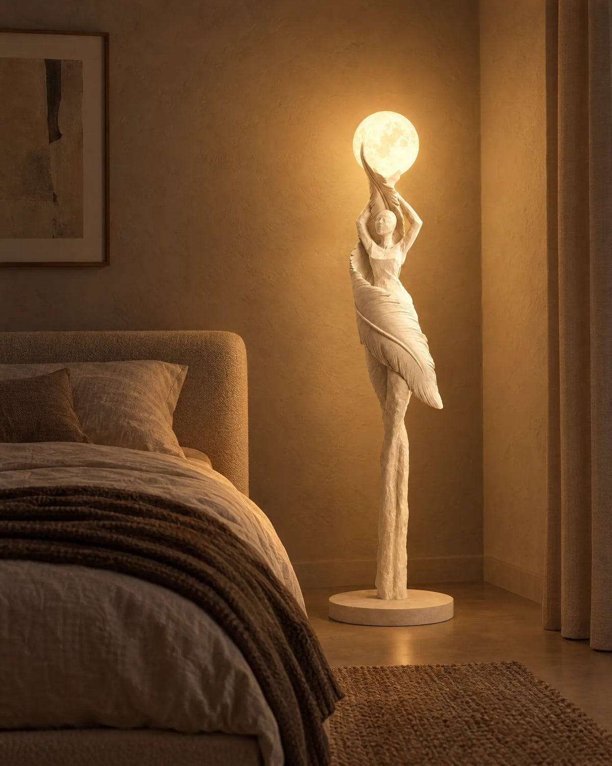 Sculpture lamp in a bedroom at night
