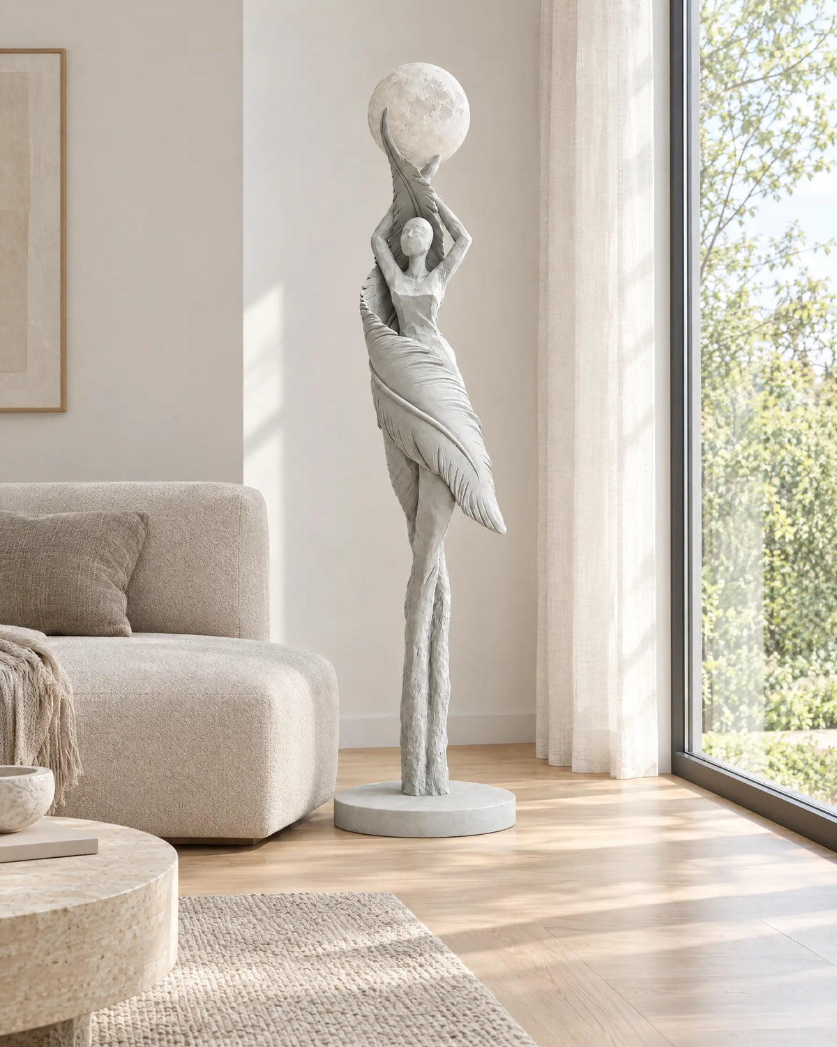 Grey sculpture lamp in a living room by day