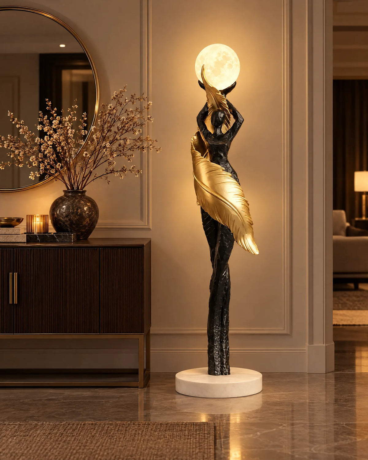 Black and gold sculpture lamp in an entryway