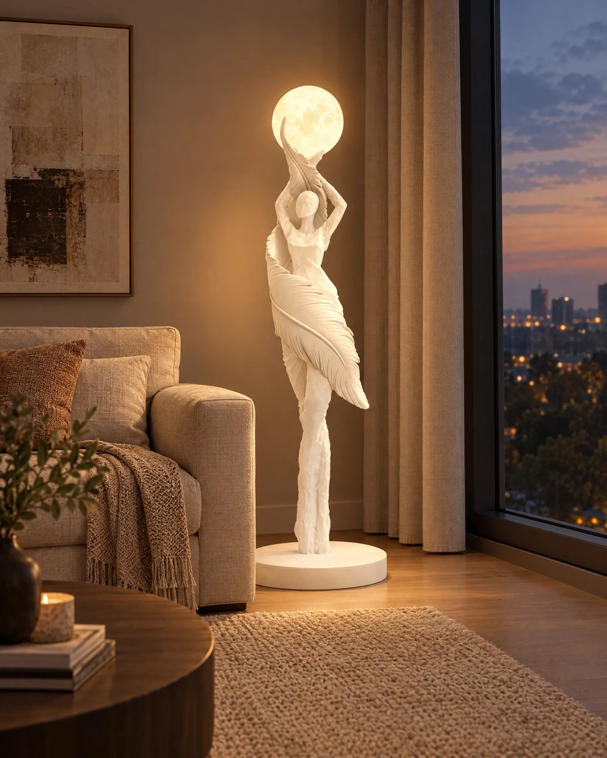 Sculpture floor lamp beside a sofa in the evening