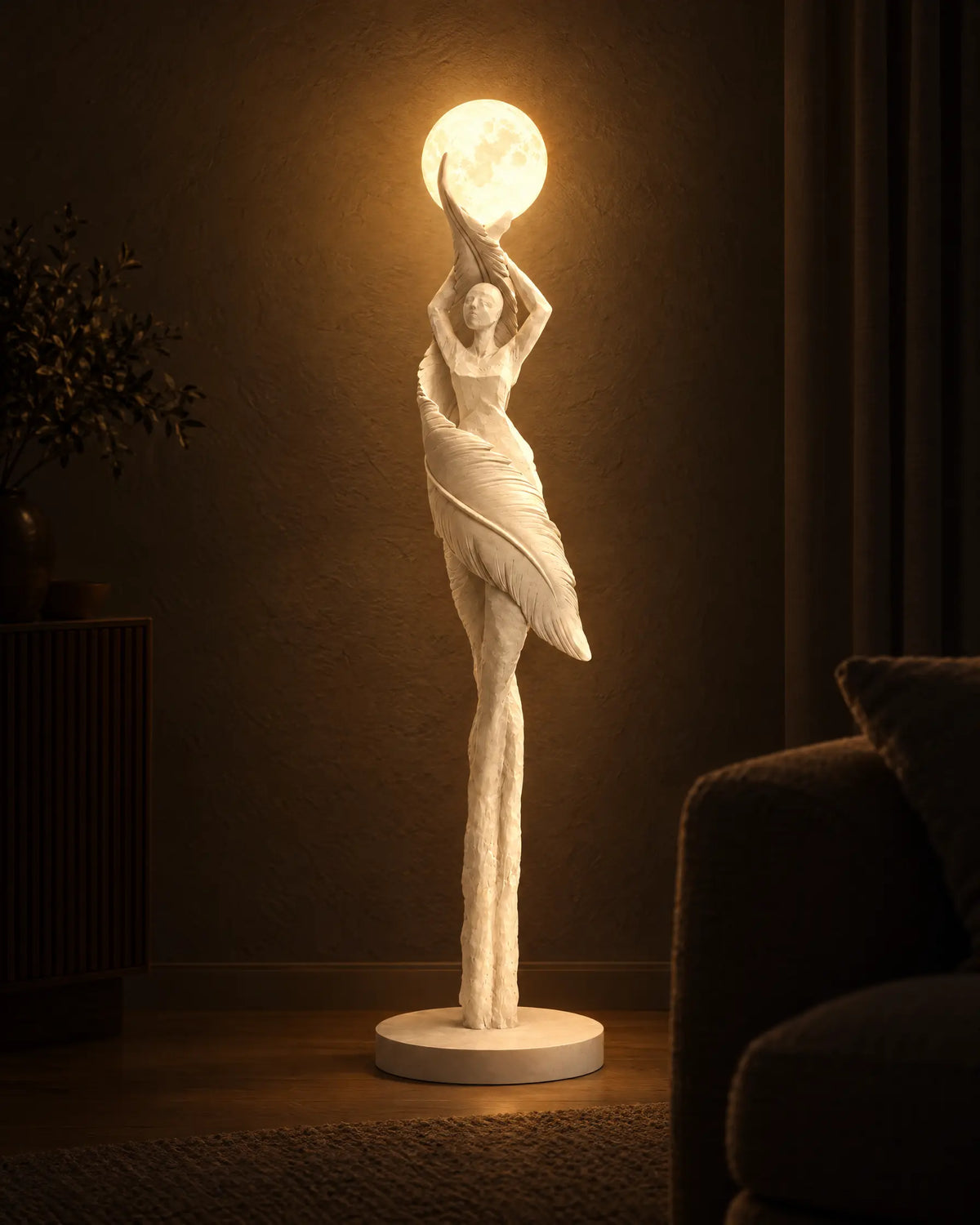 Sculpture lamp glowing in a dark living room