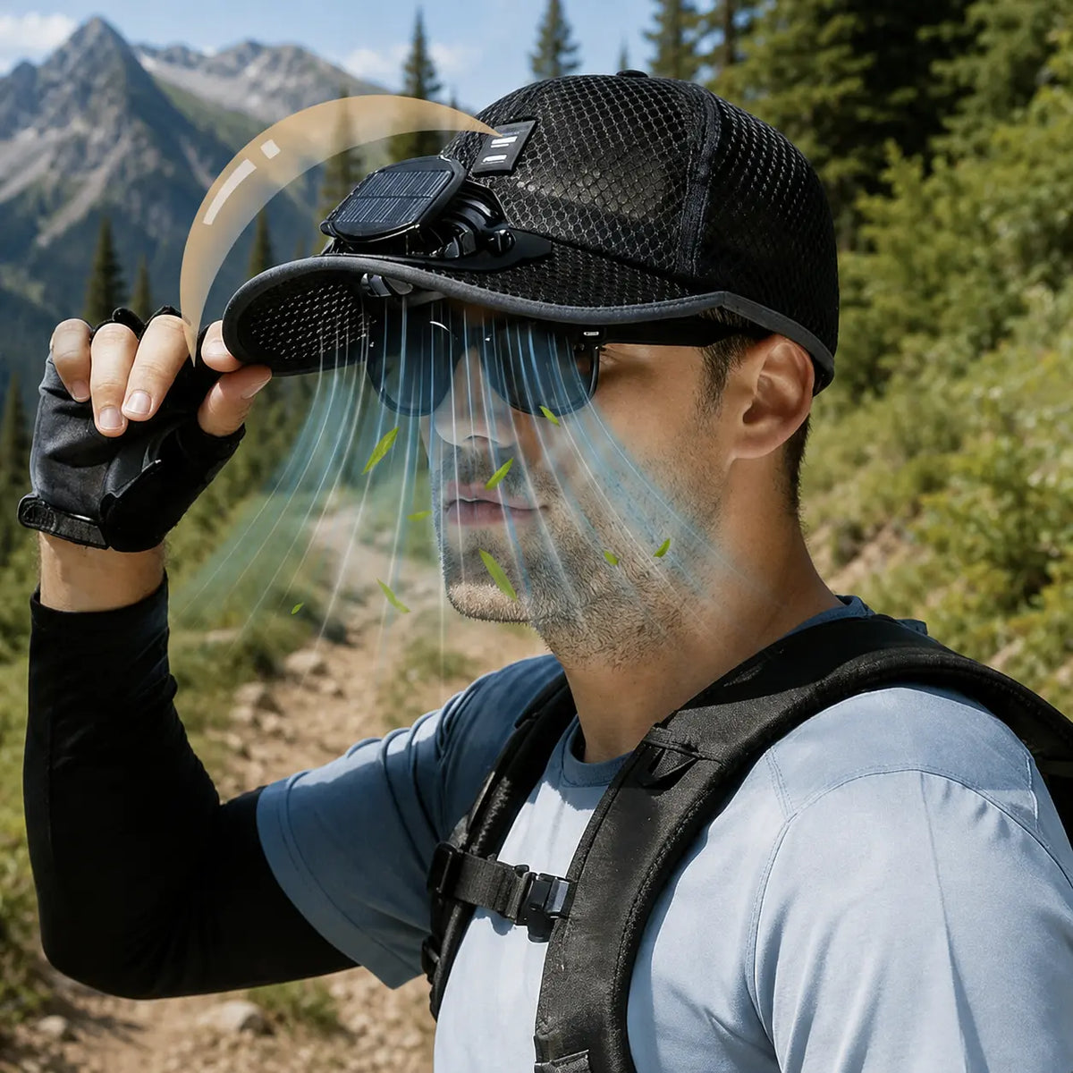 A man outdoors wearing a black mesh baseball cap with a built-in cooling fan and sunglasses Mountains and trees are visible in the background.