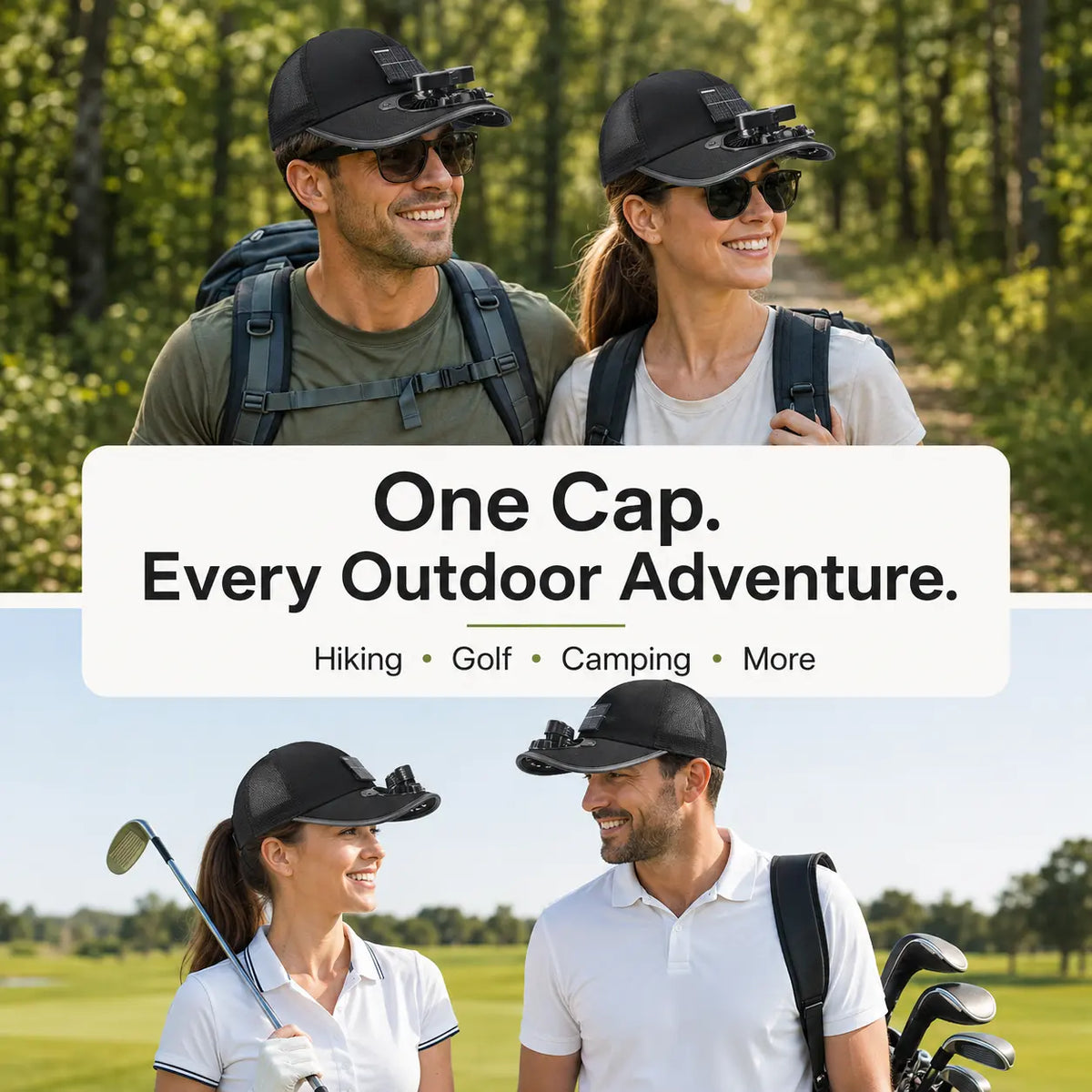 Three outdoor lifestyle photos of couples wearing a black baseball cap with an integrated head-mounted camera. A large white text banner across the center reads, 'One Cap.