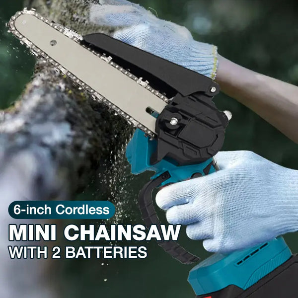 6-inch battery-powered mini chain saw with 2 batteries