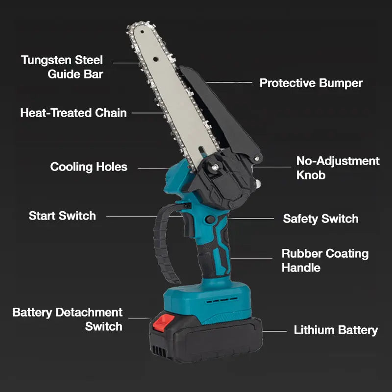 6-inch battery-powered mini chain saw with 2 batteries