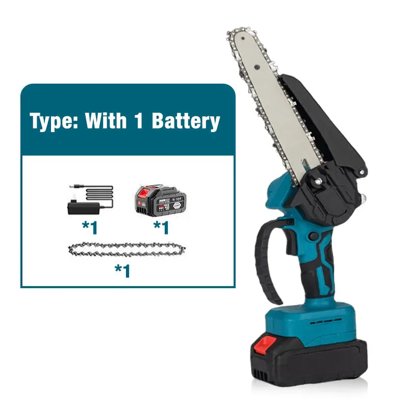 6-inch battery-powered mini chain saw with 2 batteries