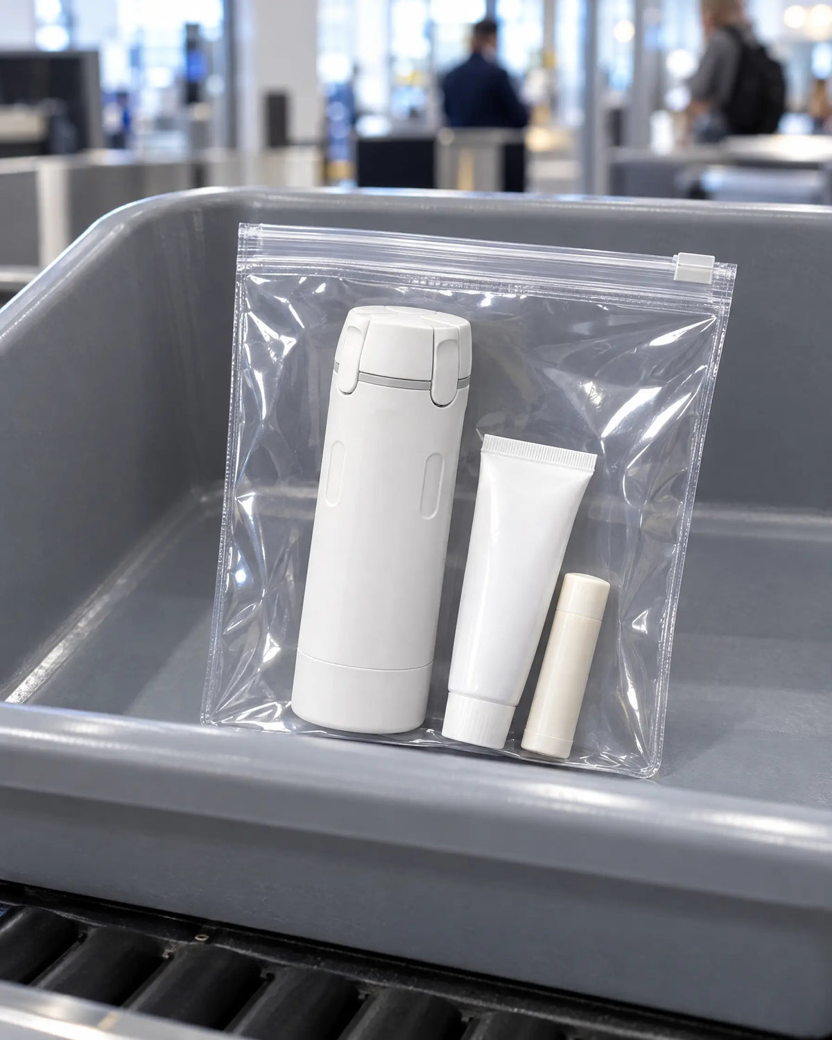 Travel dispenser in a clear toiletry bag at airport security