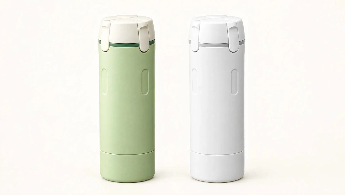 Travel dispenser in green and white