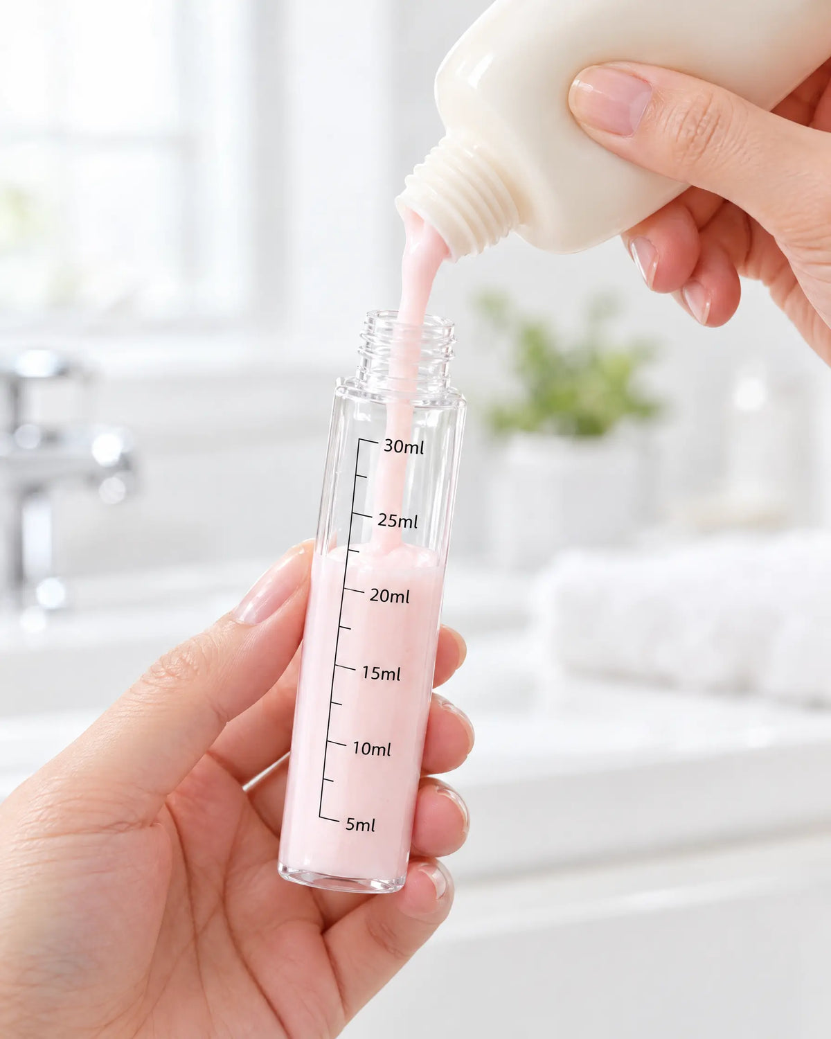 Refilling a clear 30ml bottle with lotion