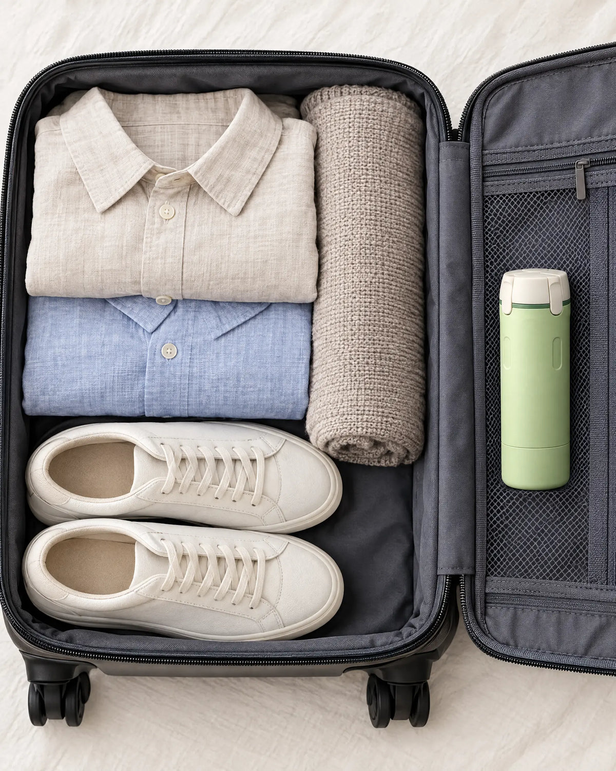Travel dispenser packed in a carry-on suitcase