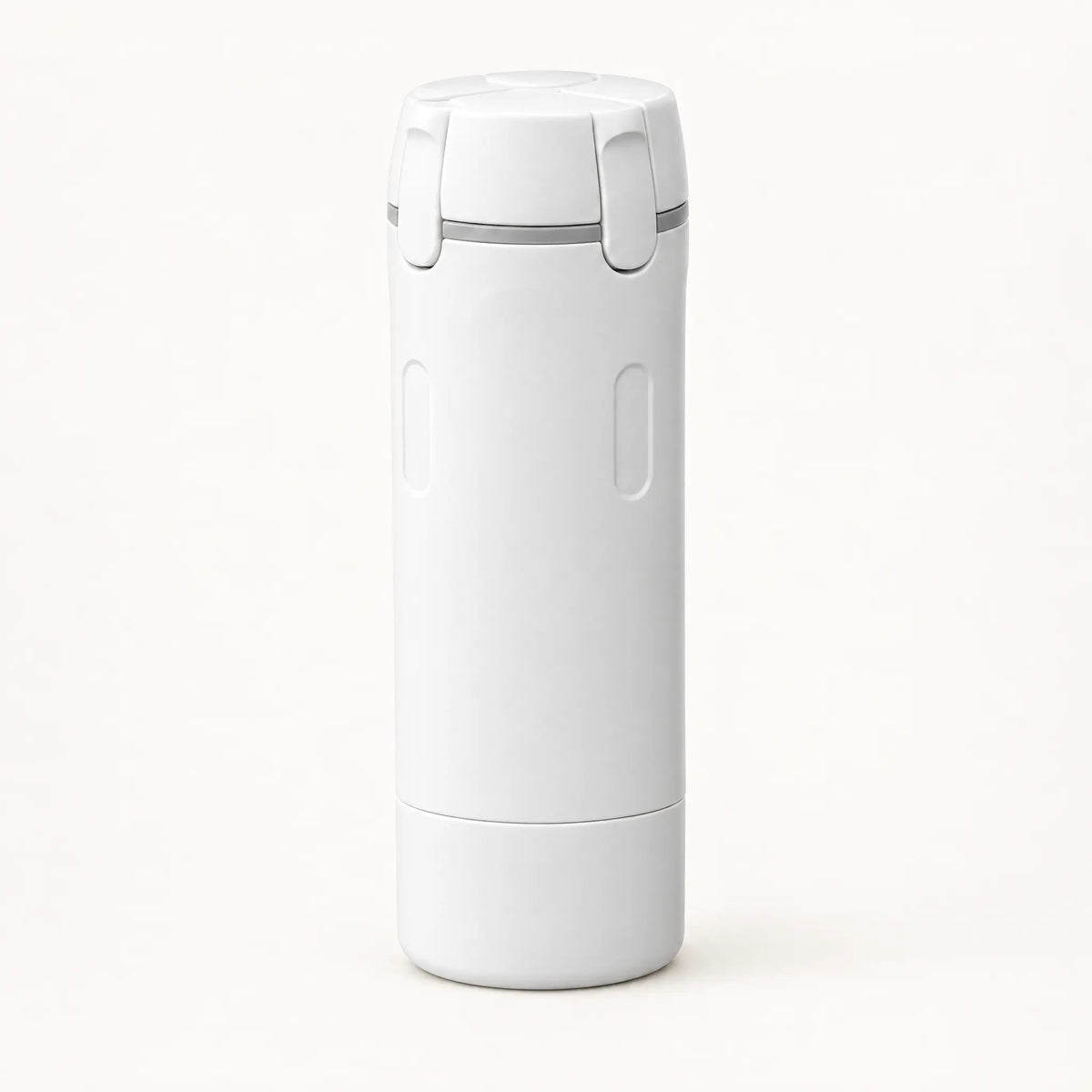 4-in-1 travel dispenser in white with grey ring