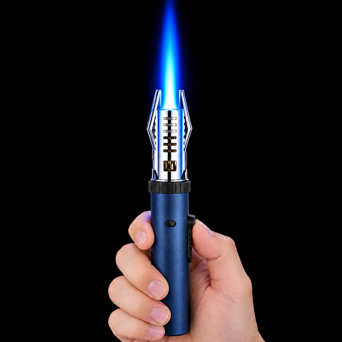 Torch lighter lit with a straight blue jet flame
