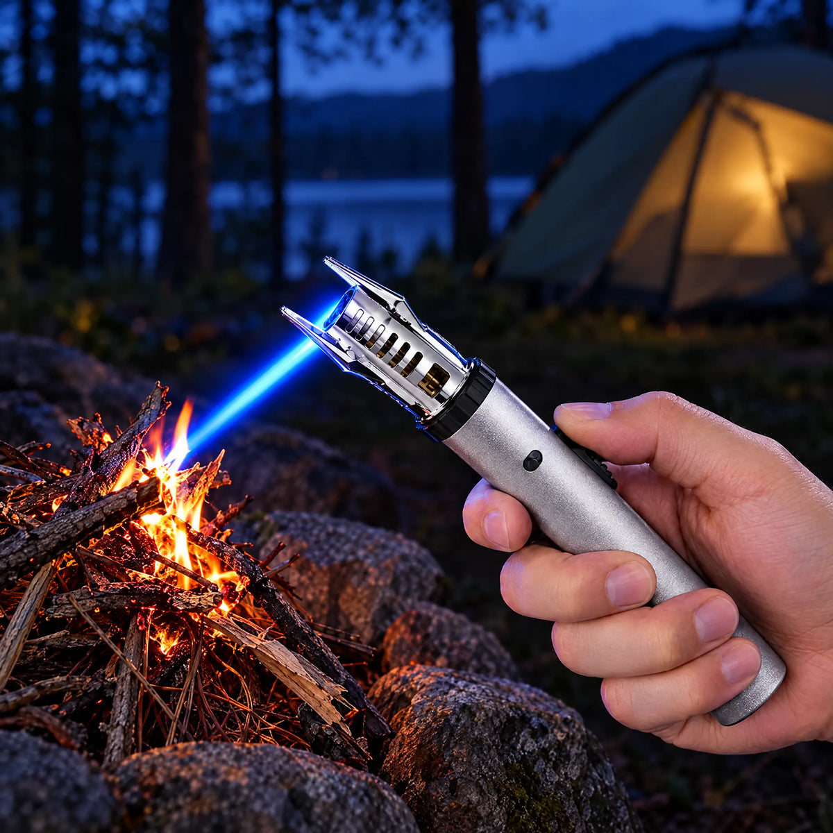 Lighting campfire kindling with the torch lighter