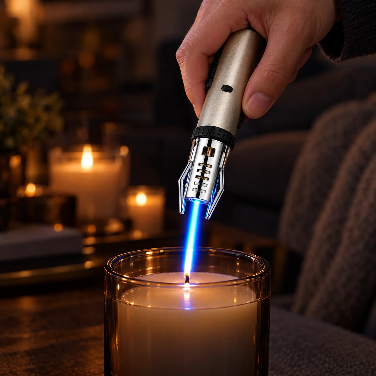 Lighting a deep jar candle with the lighter held upside down