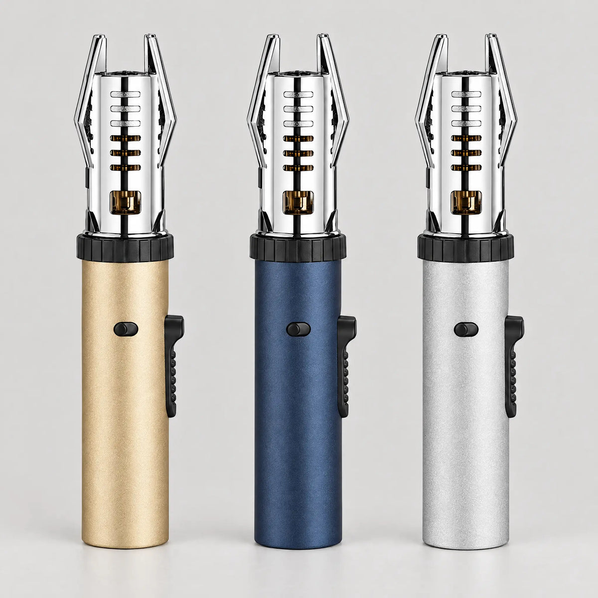 Blue flame torch lighter in gold, blue and silver