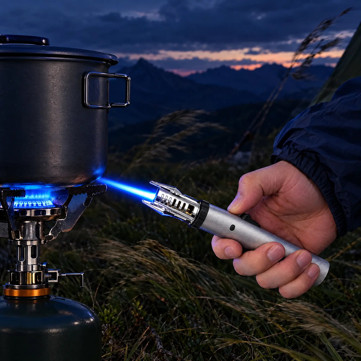 Lighting a camping stove in the wind